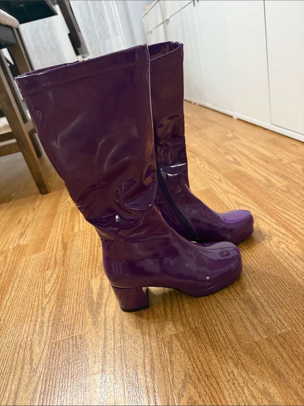 Purple Patent Mid-Calf Block Heel Boots - Women